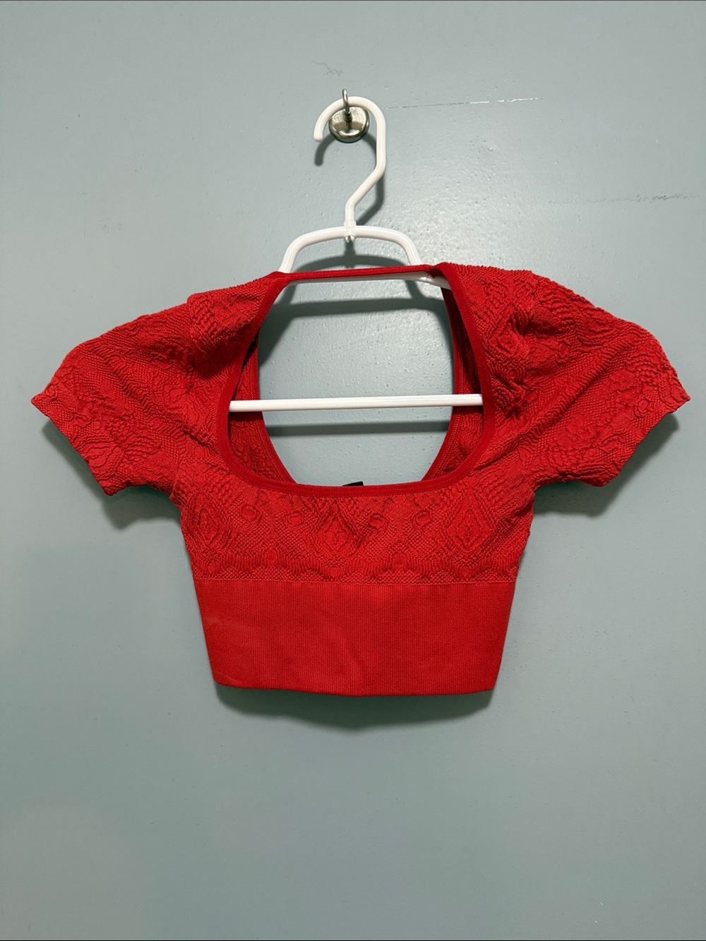 Red Textured Short Sleeve Crop Top Xs